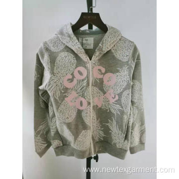 casual printed nylon zip front hooded girls jacket